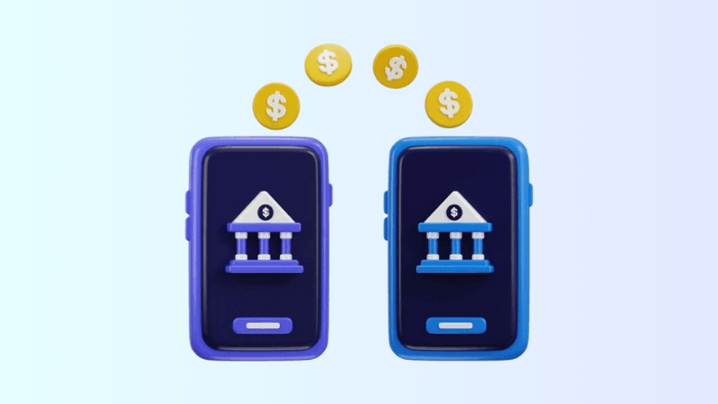 Two Stylized Smartphones with Bank Icons, Exchanging Dollar Coins Above Them