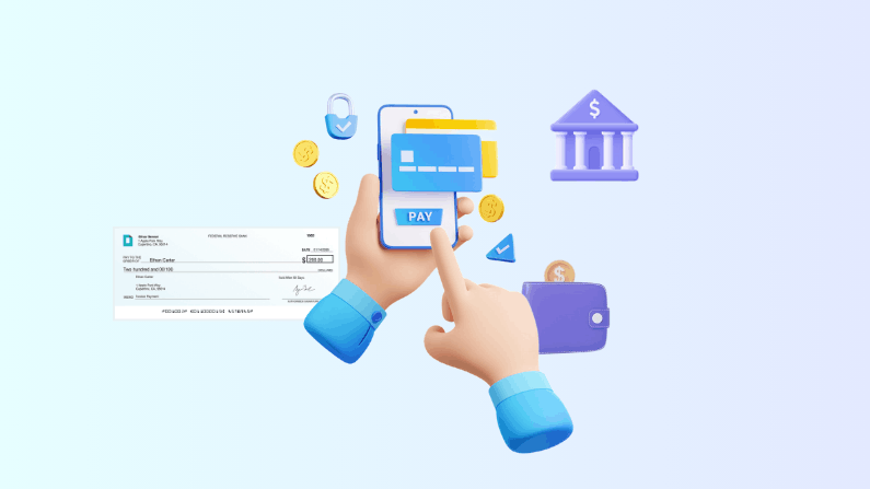 A Hand Using a Smartphone to Make a Payment, Surrounded by Digital Currency Symbols, a Bank, and a Check