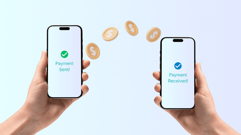 Two Hands Holding Smartphones Display "Payment Sent!" and "Payment Received!" with Animated Dollar Coins Between Them