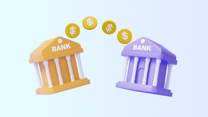 Two Cartoon-Style Bank Buildings, One Yellow and One Purple, with Dollar Coins Floating Between Them