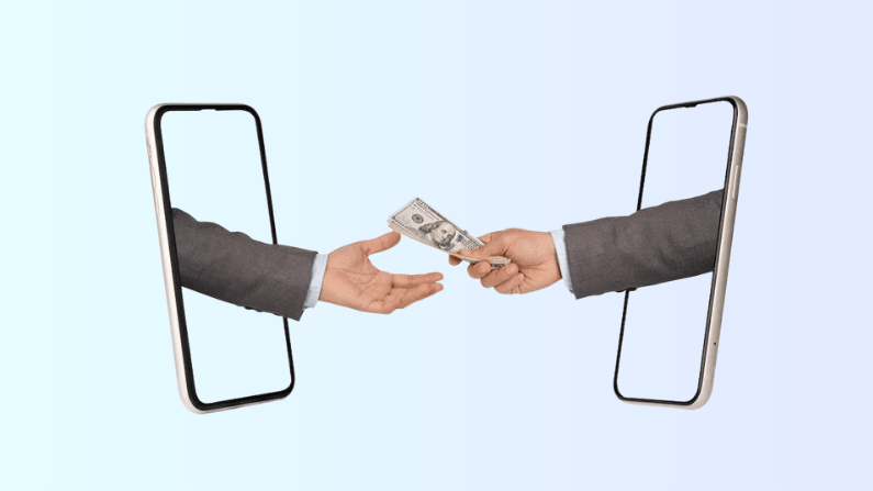 Two Hands Emerge from Smartphone Screens, Exchanging a Stack of Cash, Symbolizing Digital Transactions or Online Payments