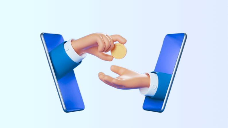 Two Stylized Hands Reaching Through Smartphone Screens, One Offering a Coin to the Other in a Digital Transaction