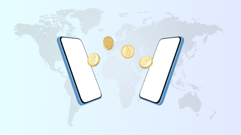 Two Smartphones Facing Each Other with Gold Coins Flying Between Them, Set Against a Light World Map Background