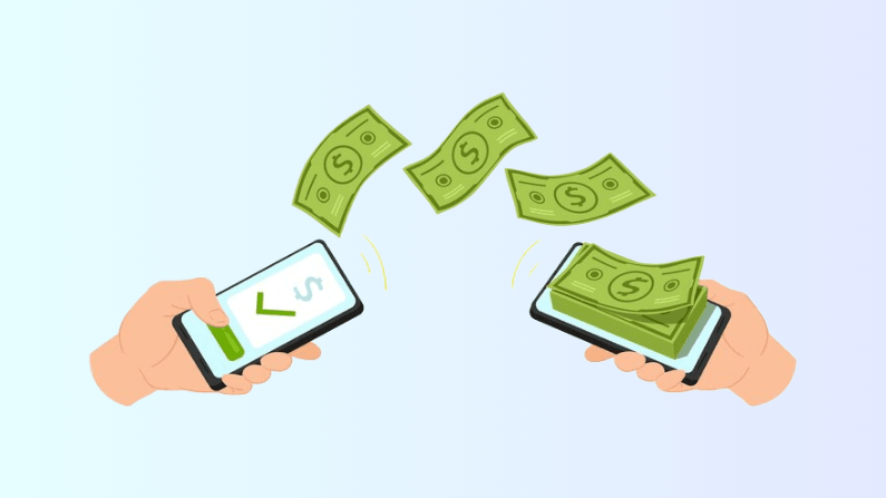 Two Hands Hold Smartphones, Exchanging Animated Dollar Bills, Symbolizing Digital Money Transfer