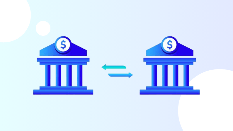 Two Stylized Bank Icons with Dollar Signs, Separated by Horizontal Arrows, Symbolize Financial Exchange or Transfer Between Banks