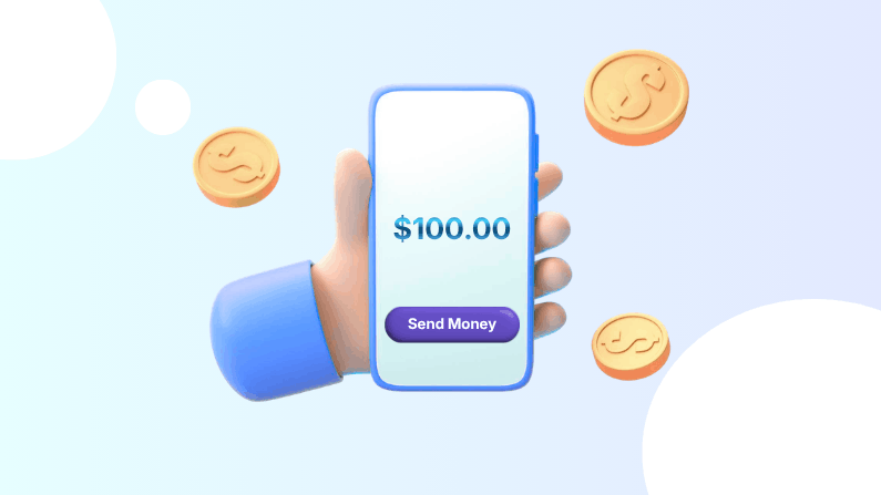 Hand Holding Smartphone Displaying $100.00 and a Purple "Send Money" Button, with Floating Gold Coins on a Light Background