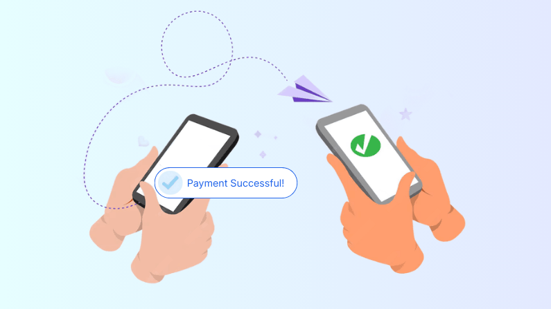 Two Hands Holding Smartphones Display a Message: "Payment Successful!" with a Checkmark on One Device, Against a Soft Gradient Background