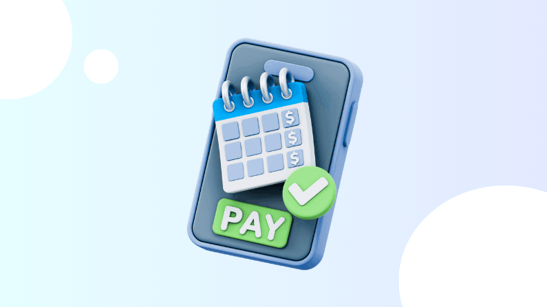3D Illustration of a Smartphone Displaying a Calendar with Dollar Signs, a Green "Pay" Button, and a Checkmark Indicating Payment Confirmation