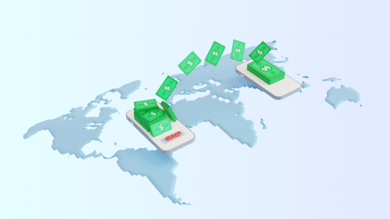 Illustration of Money Transferring Digitally Between Two Smartphones Over a World Map Background, Symbolizing Global Mobile Payments