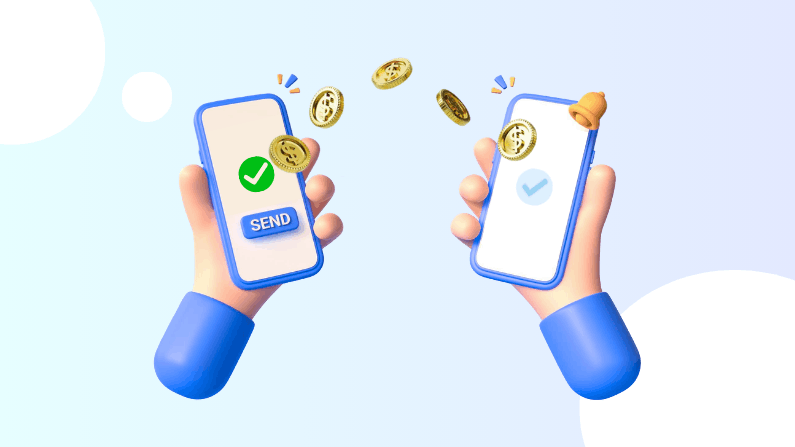 Two Hands Holding Smartphones with Digital Coins Transferring from One Phone to Another, Symbolizing Mobile Money Transfer