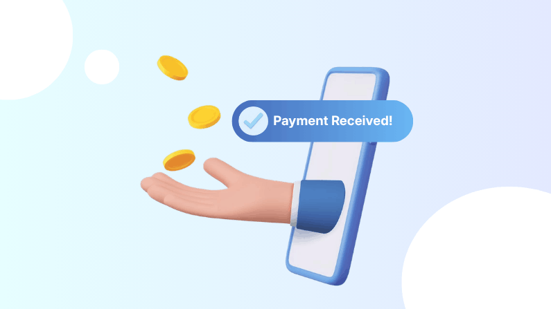 3D hand emerging from smartphone screen catching falling coins with "Payment Received!" notification displayed.