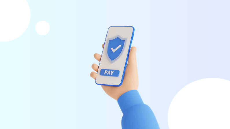Hand Holding a Smartphone Displaying a Shield with a Checkmark and a "PAY" Button on the Screen Against a Blue Background