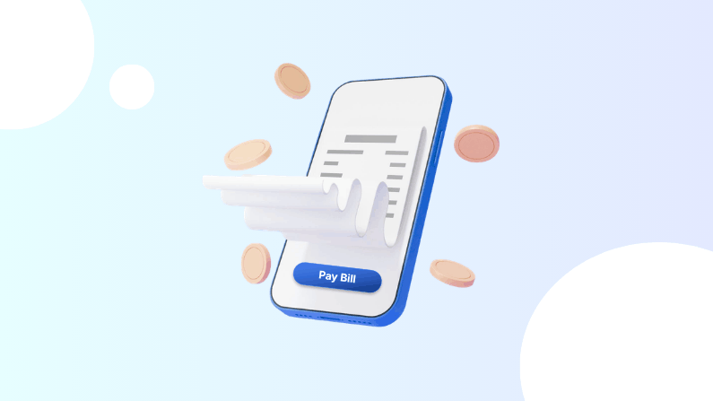 Smartphone Screen Shows a Digital Bill and Pay Bill Button with Flying Coins, Symbolizing Fast and Easy Mobile Payment