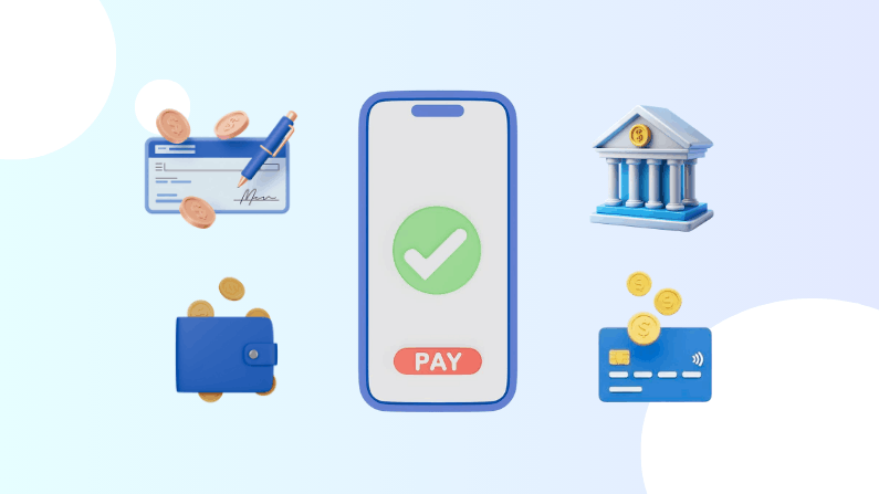 Digital Payment Concept with Smartphone, Check, Coins, Wallet, Bank Building, and Credit Card Icons on a Light Background