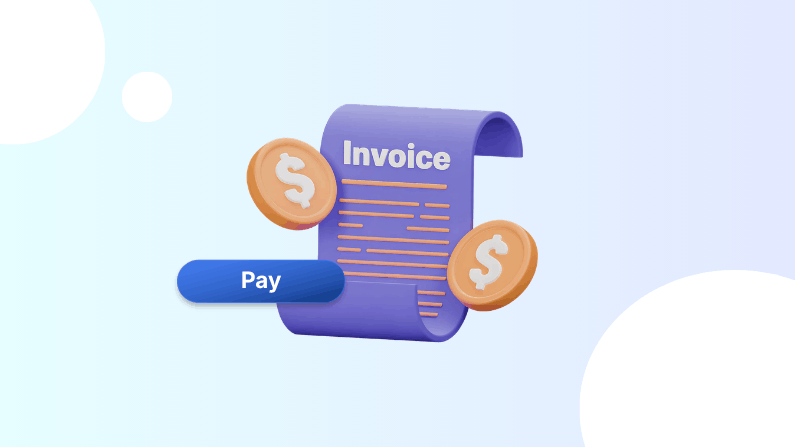 How Modern Businesses Handle Invoice Payments 3D Illustration of a Purple Invoice Scroll with Dollar Coins and a Blue "Pay" Button on a Light Blue Background