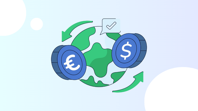Illustration of Currency Exchange Showing Euro and Dollar Coins with Arrows Circling the Globe, Symbolizing Global Money Transfer