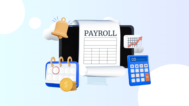 Illustration of Payroll Management with a Computer Screen, Calendar, Coins, Calculator, Notification Bell, and Upward Growth Chart