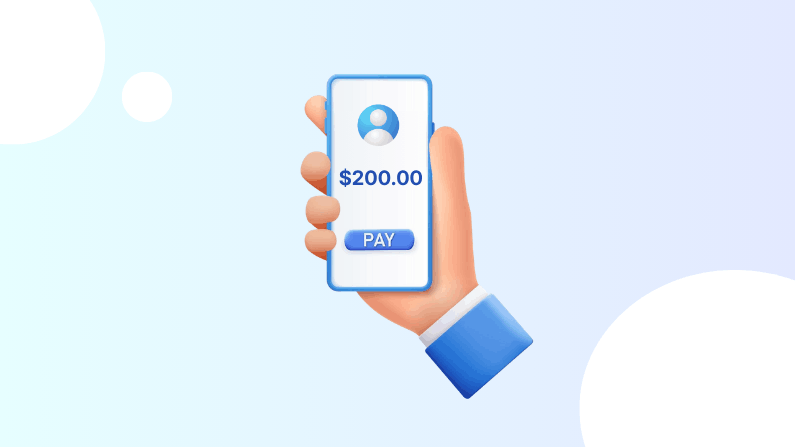 Hand Holding Phone Displaying a $200 Payment Amount and a Blue "Pay" Button on a Light Blue Background